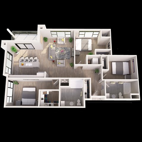 Floor plan for 3 beds, 2 baths, 1383 sqft